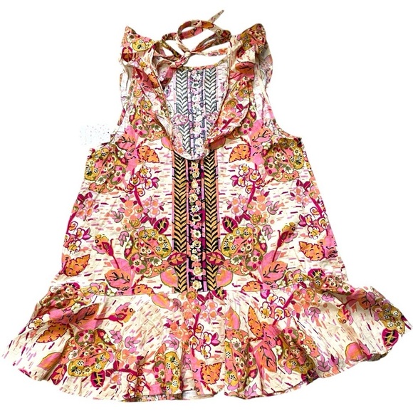 FREE PEOPLE SUMMER IN TULUM LINEN BLEND TUNIC PEBLUM PINK FLORAL TOP Size Large - Picture 6 of 11